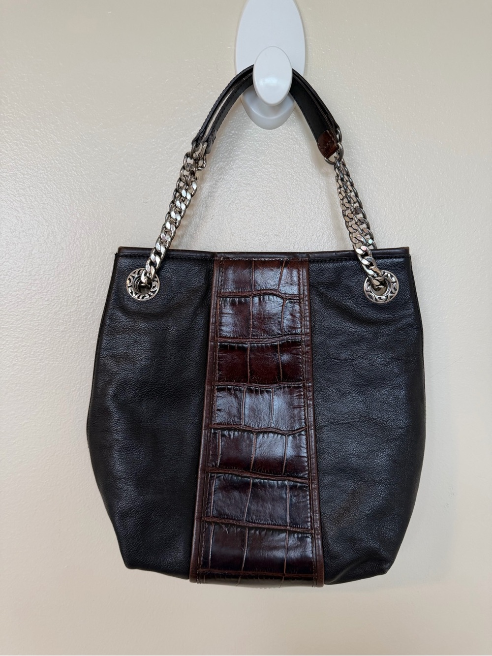 BRIGHTON Shoulder Bag Black Pebbled Leather w/ Brown Croc